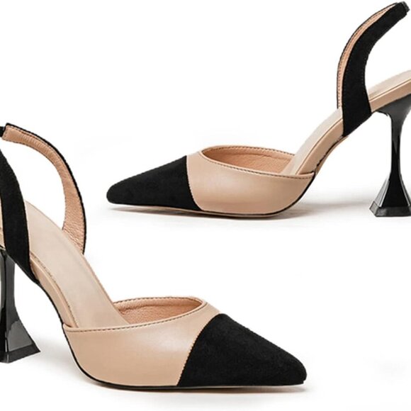 Women's Faux Suede Slingback Pumps Patchwork Heels Slip On Dress Shoes - Picture 4 of 7